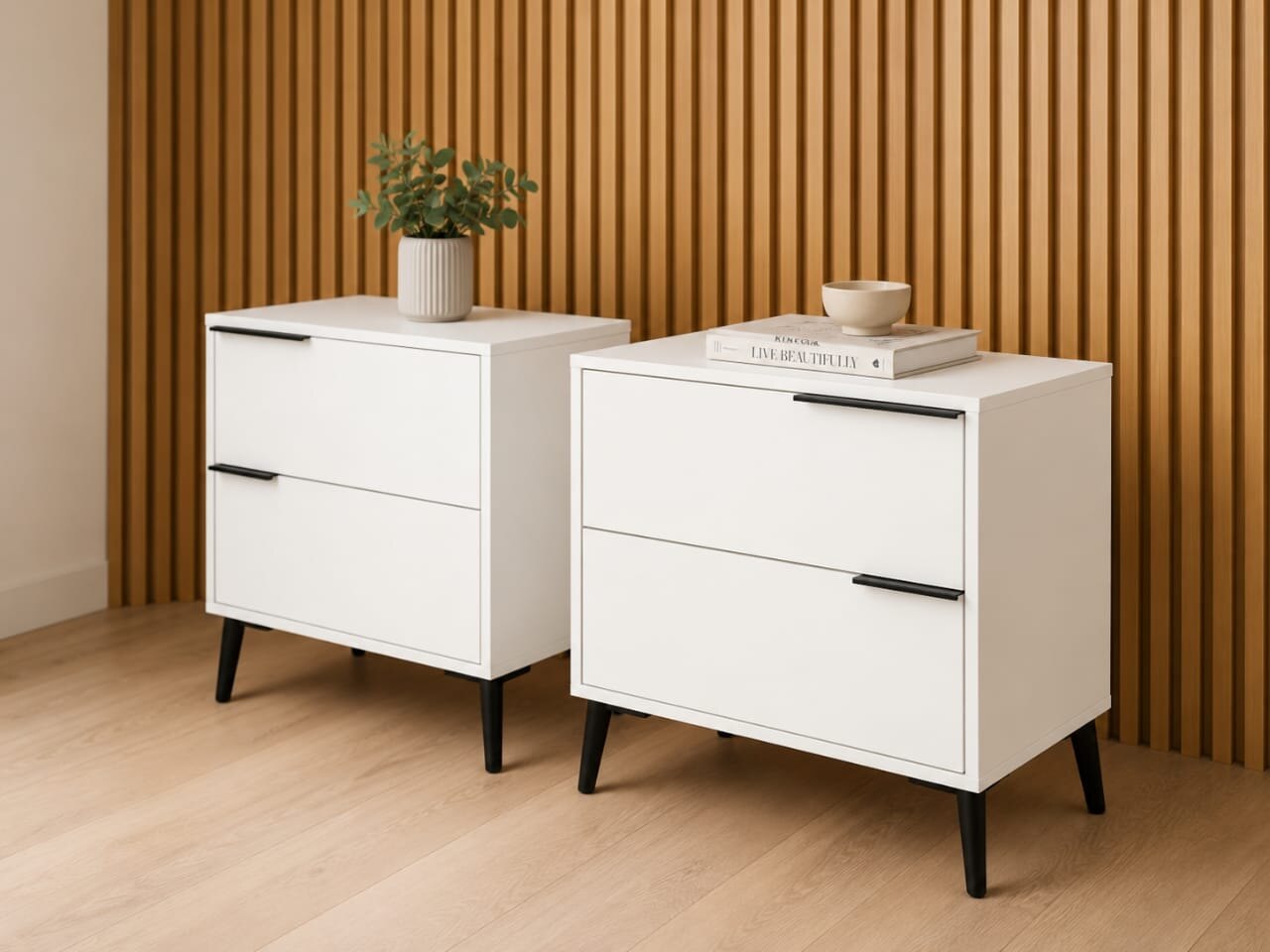 White custom bedside cabinets