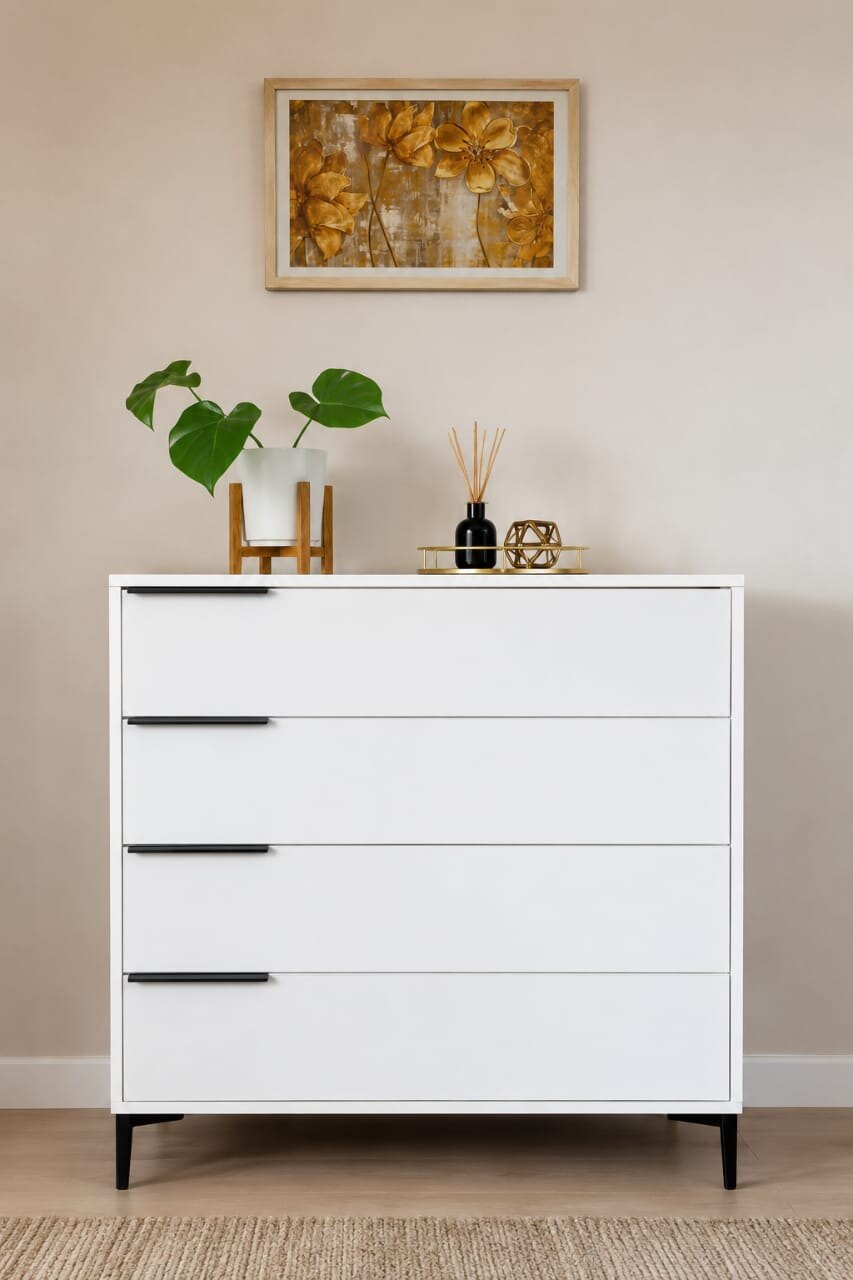 White custom dresser in a styled interior